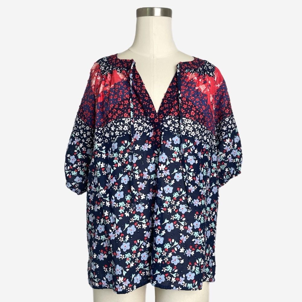 Loft Blue red floral tie neck puff sleeve top teacher patchwork boho folksy M